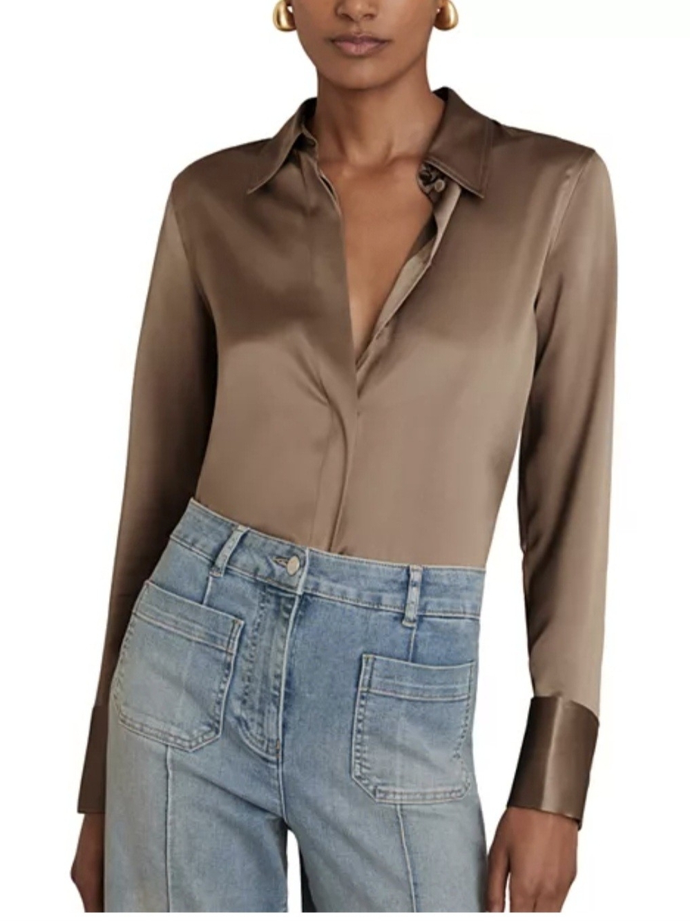 Reiss Taupe Satin Long-Sleeve Blouse